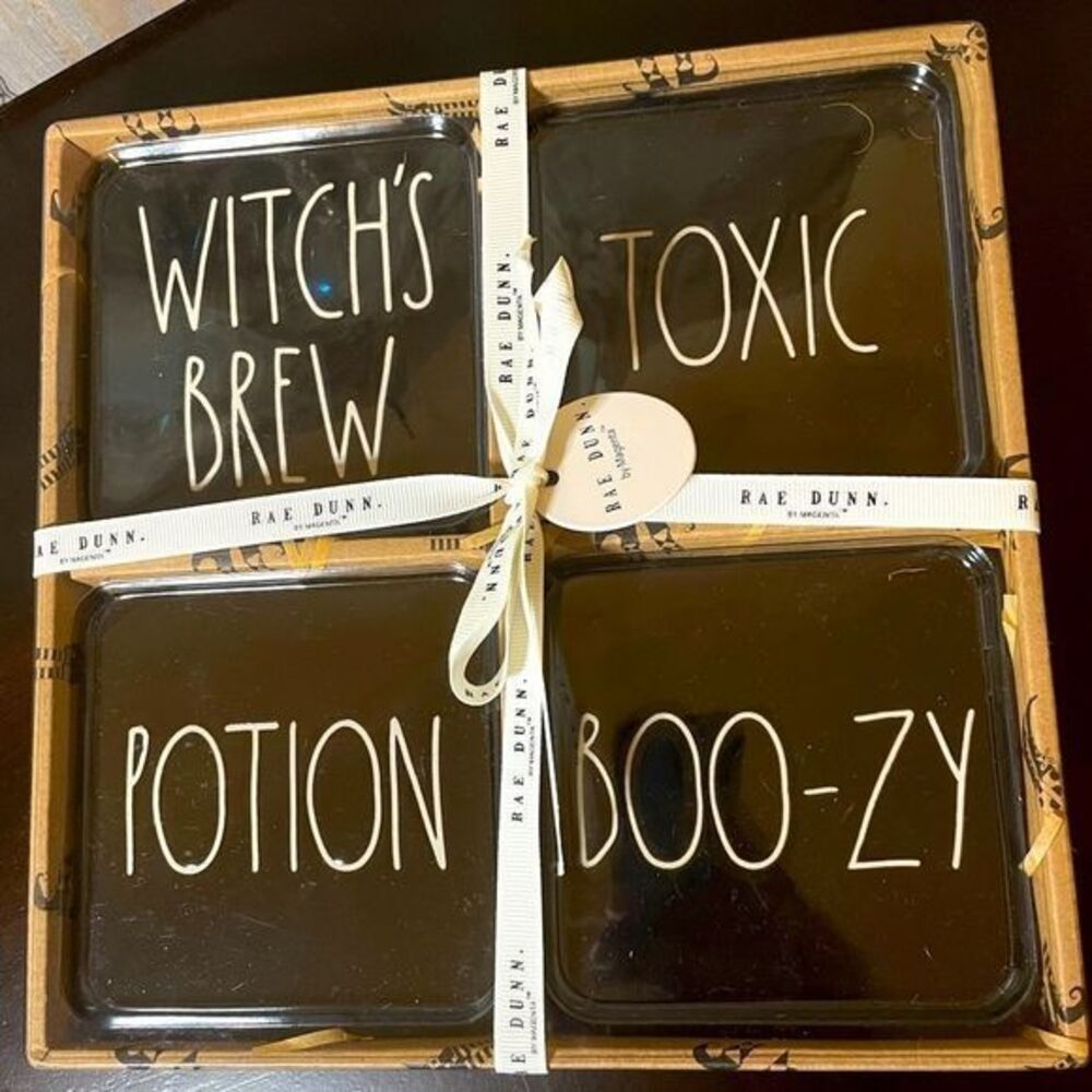 Rae Dunn Black Coaster Set Toxic, Potion, Witches Brew, & Boo-zy
